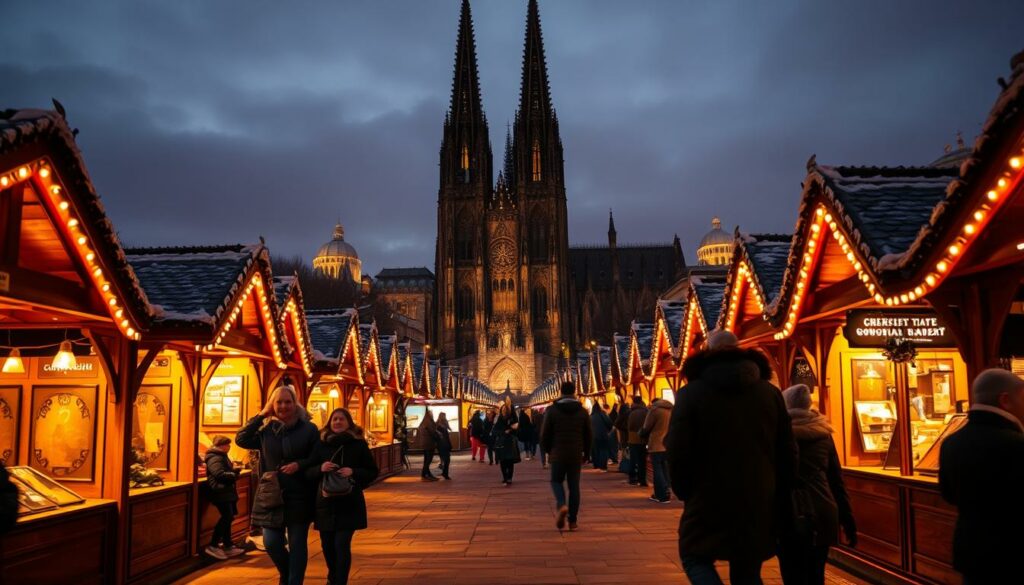 A serene winter evening at the iconic Cologne Christmas Market, captured in a moody, atmospheric scene. The foreground features a few bundled-up visitors strolling leisurely through the illuminated wooden stalls, their breath visible in the crisp air. The middle ground showcases the iconic Cologne Cathedral, its Gothic spires silhouetted against a dusky, indigo sky. In the background, the city skyline is bathed in a warm, amber glow, creating a cozy, inviting ambiance. The lighting is a soft, diffused mix of warm and cool tones, lending a sense of tranquility to the scene. Shot with a wide-angle lens to capture the scale and grandeur of the setting, this image conveys the serene, contemplative atmosphere of the Cologne Christmas Market during off-peak visiting hours.