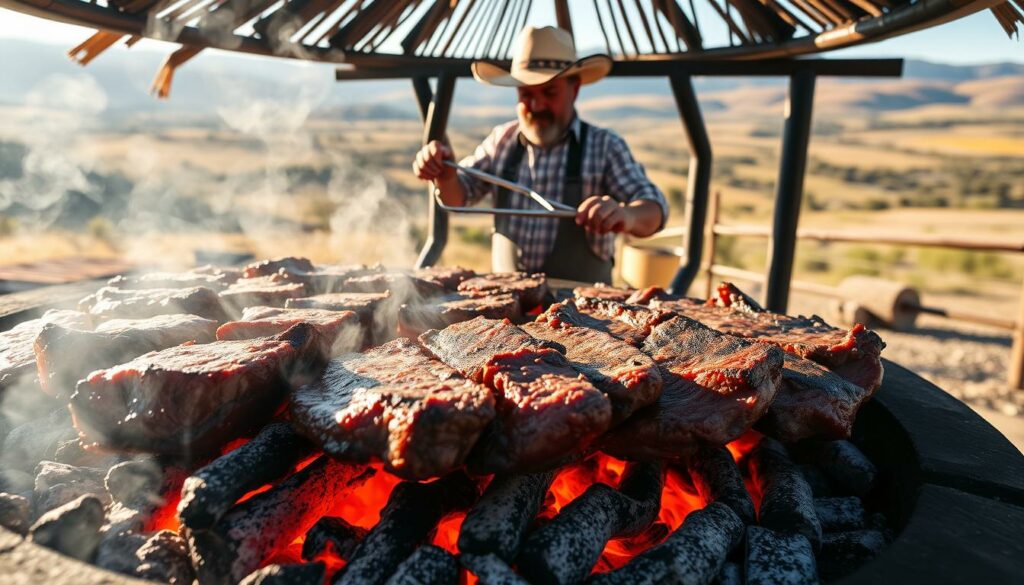 A sizzling Argentinian asado grill, surrounded by a rustic outdoor scene. In the foreground, thick slabs of prime beef sear over glowing embers, their smoky aroma filling the air. In the middle ground, a skilled gaucho tends to the grill, wielding his metal tongs with practiced precision. The background features a lush, sun-dappled landscape, with rolling hills and a distant horizon. The lighting is warm and natural, casting a golden glow over the entire scene. The composition is balanced and inviting, drawing the viewer in to experience the heart of Argentinian culinary tradition.