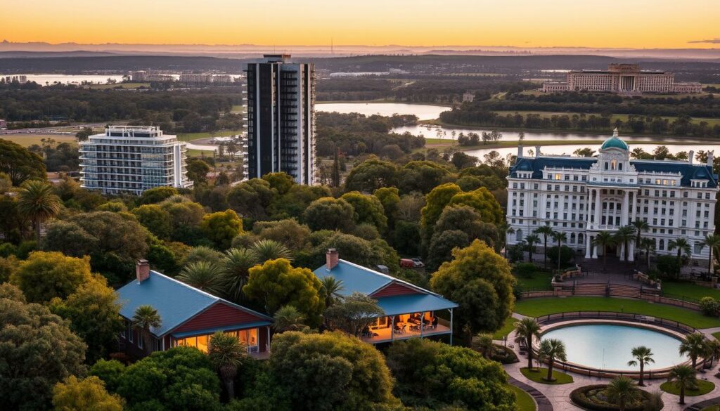 A sprawling Australian landscape, showcasing a diverse array of accommodation options. In the foreground, a cozy cottage nestled amidst lush foliage, its warm lighting inviting travelers to step inside. Nearby, a modern apartment complex stands tall, its sleek design and glass facade reflecting the surrounding scenery. In the middle ground, a charming bed and breakfast with a wraparound porch overlooks a serene lake, its guests enjoying the tranquil ambiance. In the distance, a grand hotel rises, its grand architecture and manicured gardens suggesting an elegant and luxurious experience. The sky is painted with hues of golden hour, casting a soft, inviting glow over the entire scene. This image captures the essence of the diverse accommodations available in Australia, catering to a wide range of budgets and preferences. A sprawling Australian landscape, showcasing a diverse array of accommodation options. In the foreground, a cozy cottage nestled amidst lush foliage, its warm lighting inviting travelers to step inside. Nearby, a modern apartment complex stands tall, its sleek design and glass facade reflecting the surrounding scenery. In the middle ground, a charming bed and breakfast with a wraparound porch overlooks a serene lake, its guests enjoying the tranquil ambiance. In the distance, a grand hotel rises, its grand architecture and manicured gardens suggesting an elegant and luxurious experience. The sky is painted with hues of golden hour, casting a soft, inviting glow over the entire scene. This image captures the essence of the diverse accommodations available in Australia, catering to a wide range of budgets and preferences.