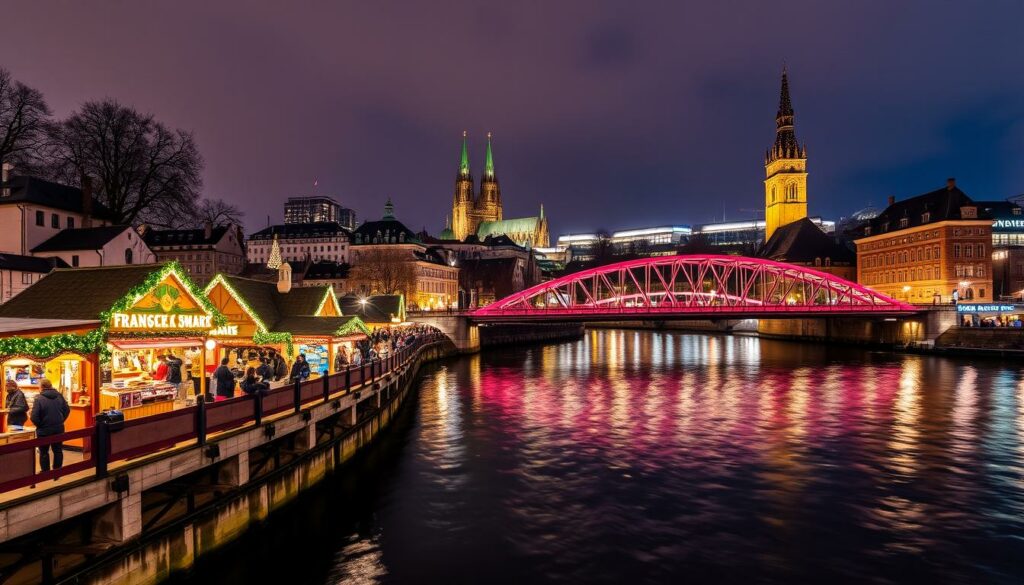 A stunning nighttime scene of the Main Weihnachtsmarkt in Frankfurt, Germany. In the foreground, vibrant Christmas market stalls line the riverbank, their colorful lights reflecting in the gently flowing waters of the Main River. Vendors offer an array of traditional German crafts, treats, and steaming mugs of mulled wine. In the middle ground, the iconic Eiserner Steg pedestrian bridge stretches across the river, its wrought-iron arches illuminated with a warm, inviting glow. In the background, the soaring towers of Frankfurt's historic cathedral and surrounding buildings create a magical, fairytale-like skyline, their windows aglow with the Lichterglanz, or "shimmer of lights," that defines the holiday season in this beloved German city.