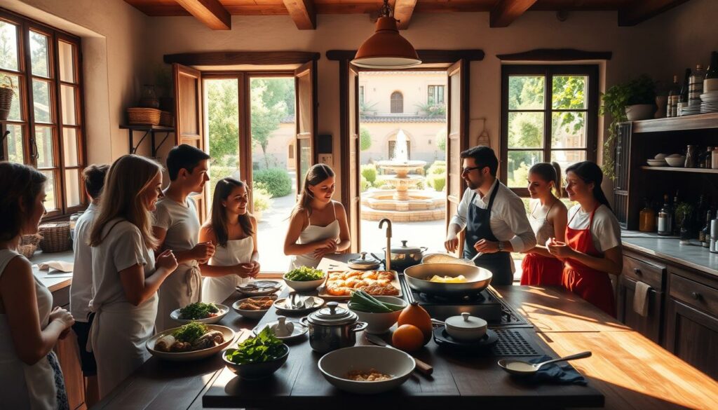 A sun-dappled kitchen in a rustic Spanish villa, filled with the enticing aromas of sizzling seafood and fresh herbs. In the foreground, a group of students gather around a wooden table, intently watching as a passionate chef demonstrates the intricate techniques of traditional Spanish cuisine. Sunlight streams in through large windows, casting a warm glow over the scene. The middle ground features a well-stocked pantry, overflowing with vibrant produce and fragrant spices. In the background, a beautiful courtyard can be glimpsed, complete with a lush garden and a sparkling fountain. The overall atmosphere exudes a sense of joy, discovery, and the celebration of Spain's rich culinary heritage.