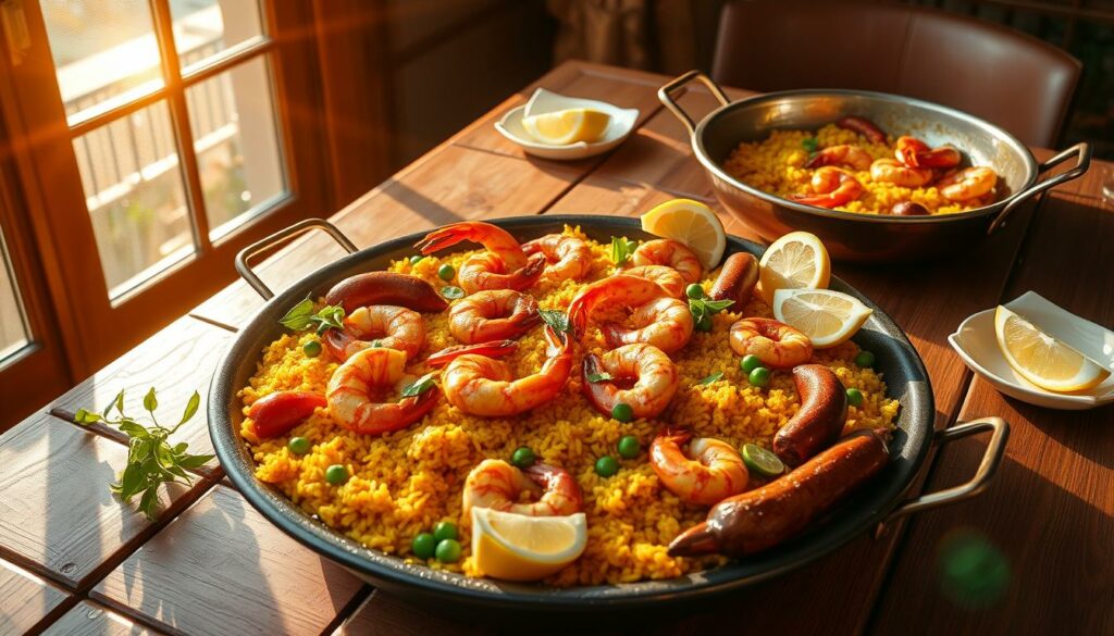 A sun-drenched wooden table set with a traditional Valencian paella dish, brimming with vibrant saffron-tinged rice, juicy shrimp, tender chicken, and smoky chorizo sausage. Verdant peas, red peppers, and lemon wedges add pops of color, while a copper paella pan reflects the warm glow of the Mediterranean sunset streaming through a nearby window. The aroma of garlic, paprika, and simmering seafood fills the air, evoking the essence of Spain's culinary heritage. A classic scene of rustic elegance and the epitome of the "King of Rice Dishes" - Paella Valenciana.