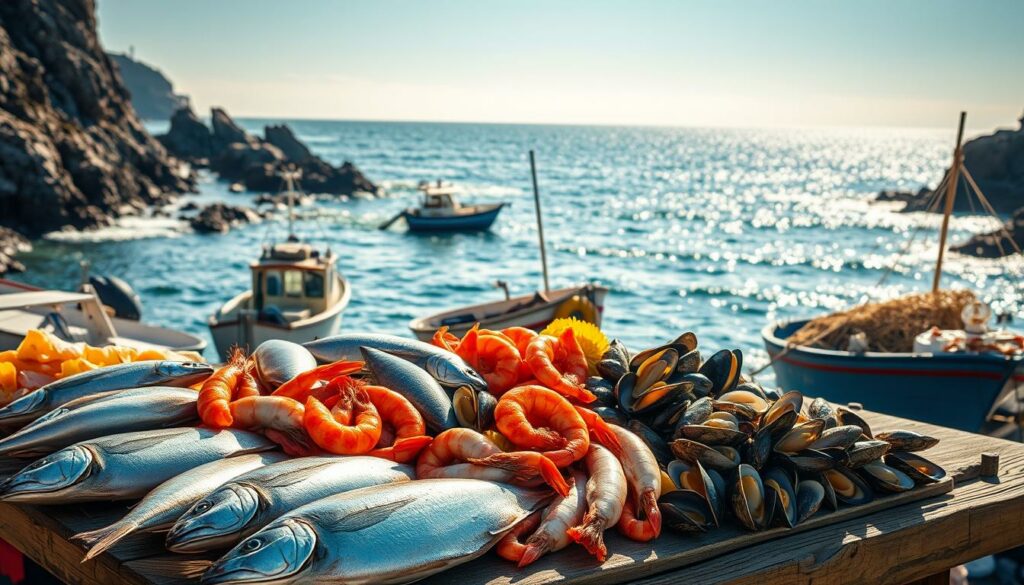 A sunlit coastal scene on the rugged shores of the Atlantic Ocean. In the foreground, a bountiful display of freshly caught seafood - glistening whole fish, plump shrimp, succulent mussels, and briny oysters artfully arranged on a rustic wooden table. The middle ground features weathered fishing boats bobbing gently in the calm waters, their nets and lines ready for the next catch. In the background, a panoramic vista of rocky cliffs, crashing waves, and a hazy horizon that stretches to the edge of the world. Soft, warm lighting illuminates the scene, casting a golden glow and creating an atmosphere of maritime tranquility and abundance.