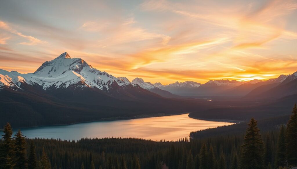 A sweeping landscape of the Canadian wilderness, bathed in the warm glow of a golden hour sunset. In the foreground, a majestic snow-capped mountain range rises majestically, its jagged peaks piercing the sky. In the middle ground, a serene alpine lake reflects the vibrant colors of the sky, its still waters mirroring the beauty of the surrounding scenery. In the background, a dense forest of evergreen trees stretches out, creating a sense of depth and isolation. The lighting is soft and diffused, casting a warm, inviting atmosphere over the entire scene. The composition is balanced and harmonious, drawing the viewer's eye to the stunning natural beauty of Canada during the ideal travel season.