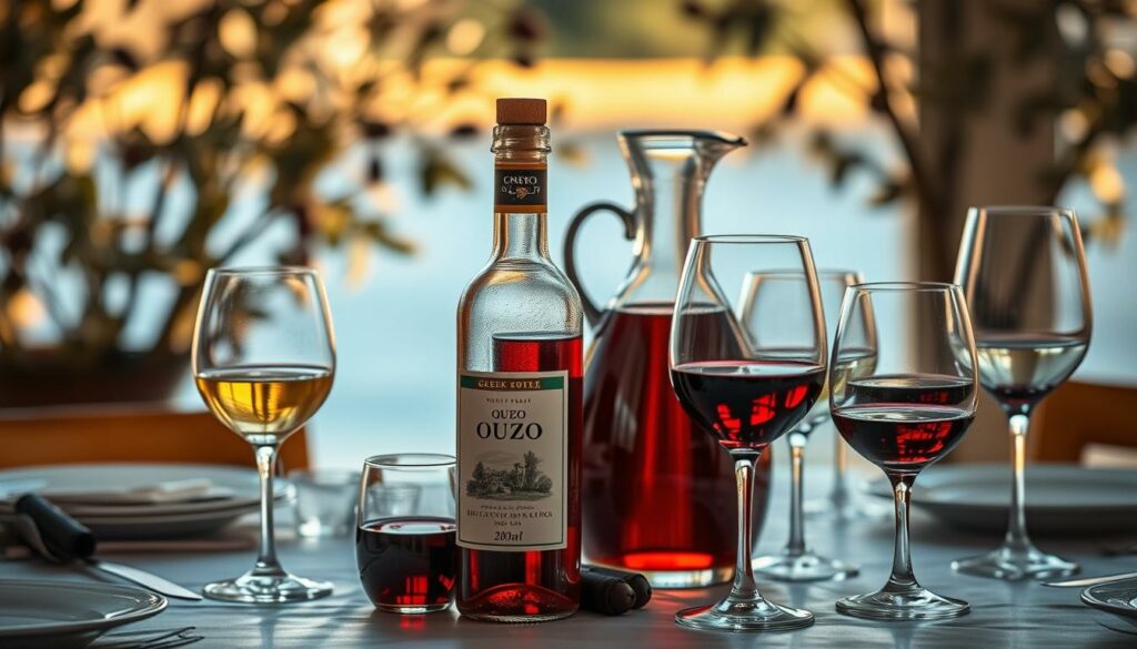 A table adorned with a variety of traditional Greek drinks, including a bottle of deep amber-colored ouzo, a carafe of rich red wine, and glasses of both. The scene is bathed in warm, golden light, casting a cozy, inviting atmosphere. In the background, a faint impression of olive trees or grape vines hints at the Mediterranean setting. The arrangement is carefully composed, with the bottles and glassware positioned to showcase their unique shapes and hues. An elegant, timeless feel permeates the image, capturing the essence of Greek culinary culture and the pleasures of sipping these beloved beverages. A table adorned with a variety of traditional Greek drinks, including a bottle of deep amber-colored ouzo, a carafe of rich red wine, and glasses of both. The scene is bathed in warm, golden light, casting a cozy, inviting atmosphere. In the background, a faint impression of olive trees or grape vines hints at the Mediterranean setting. The arrangement is carefully composed, with the bottles and glassware positioned to showcase their unique shapes and hues. An elegant, timeless feel permeates the image, capturing the essence of Greek culinary culture and the pleasures of sipping these beloved beverages.