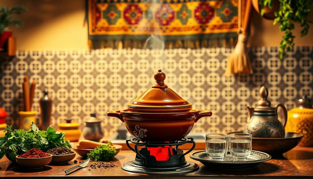 A vibrant Moroccan kitchen scene, illuminated by warm, golden lighting. In the foreground, a beautifully crafted, glazed ceramic tajine pot sits atop a traditional brazier, steam gently rising from the savory dish within. Surrounding it, an assortment of fragrant spices, fresh herbs, and a decorative serving tray with delicate mint tea glasses. In the middle ground, a ornate, intricate tile backsplash frames the scene, while in the background, a wall hanging featuring traditional Moroccan patterns adds depth and cultural richness. The overall atmosphere is one of authentic, inviting Moroccan hospitality and culinary delight.