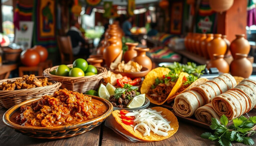 A vibrant and authentic scene of must-try Mexican dishes, captured in a warm, natural light. In the foreground, a colorful array of traditional specialties including aromatic chicken mole, zesty beef tacos, and fluffy tamales, artfully arranged on a rustic wooden table. In the middle ground, fresh limes, chilies, and herbs spill out from woven baskets, hinting at the bold flavors within. The background features a glimpse of a lively Mexican marketplace, with vibrant textiles, terracotta pottery, and the faint sound of mariachi music. The overall atmosphere evokes a sense of culinary exploration and cultural immersion, inviting the viewer to embark on a sensory journey through Mexico's renowned gastronomic heritage. A vibrant and authentic scene of must-try Mexican dishes, captured in a warm, natural light. In the foreground, a colorful array of traditional specialties including aromatic chicken mole, zesty beef tacos, and fluffy tamales, artfully arranged on a rustic wooden table. In the middle ground, fresh limes, chilies, and herbs spill out from woven baskets, hinting at the bold flavors within. The background features a glimpse of a lively Mexican marketplace, with vibrant textiles, terracotta pottery, and the faint sound of mariachi music. The overall atmosphere evokes a sense of culinary exploration and cultural immersion, inviting the viewer to embark on a sensory journey through Mexico's renowned gastronomic heritage.