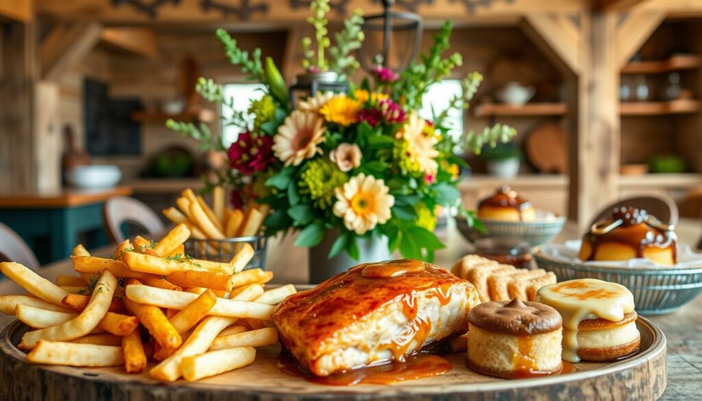 A vibrant culinary journey through Canada's diverse regional flavors. In the foreground, a platter showcases a mouthwatering selection of signature Canadian dishes - hearty poutine with crispy fries, melted cheese curds, and rich gravy; tender, maple-glazed salmon paired with roasted vegetables; savory tourtière, a traditional French-Canadian meat pie; and creamy, indulgent maple syrup desserts. The middle ground features a rustic wooden table with a lush, verdant floral centerpiece, evoking the country's natural beauty. In the background, a warm, cozy kitchen setting with exposed beams and earth-toned accents, reflecting Canada's charming, down-to-earth culinary culture. Soft, natural lighting casts a gentle glow over the scene, creating an inviting, mouthwatering atmosphere.