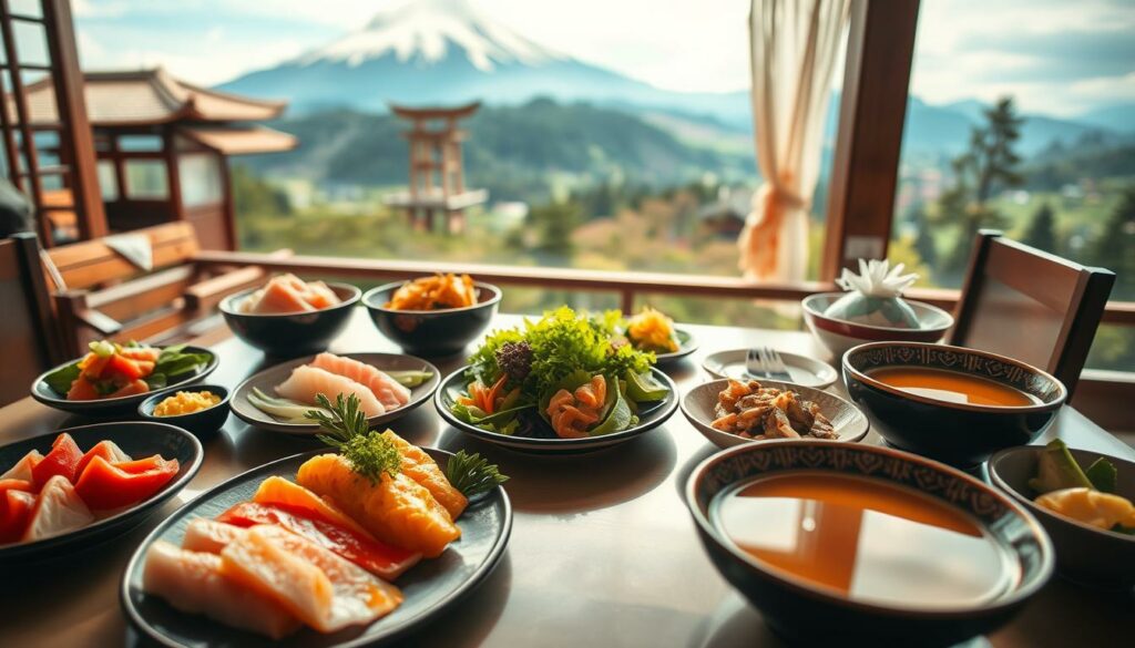 A vibrant culinary journey through the rich and diverse flavors of Japan. In the foreground, an elegant table setting showcases a selection of traditional Japanese dishes, from delicate sashimi to fragrant miso soup. The middle ground features a serene landscape, with snow-capped mountains and lush, verdant forests in the distance. Soft, warm lighting casts a cozy, inviting atmosphere, while the camera angle captures the scene from a slightly elevated perspective, inviting the viewer to imagine themselves planning their own gastronomic adventure. The overall mood is one of anticipation and excitement, reflecting the joy of discovering Japan's remarkable culinary heritage.