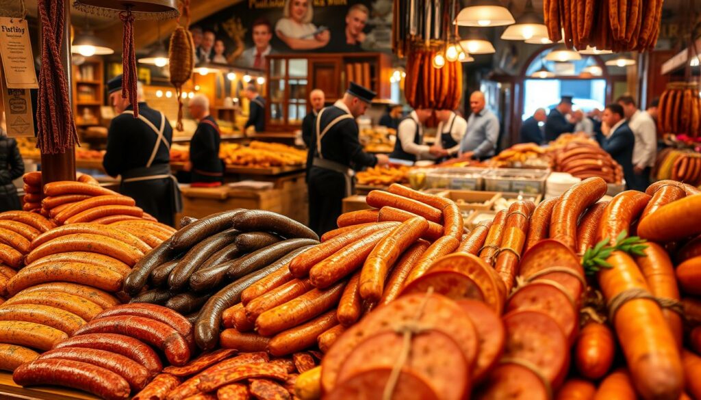 A vibrant display of Polish sausage specialties, showcased in a traditional market setting. In the foreground, an assortment of artisanal wursts - smoked, cured, and flavored with herbs and spices - are arranged with care on wooden shelves, their rich hues and intricate textures inviting the viewer to imagine their savory flavors. The middle ground features a bustling scene, with vendors in traditional Polish attire tending to their stalls, surrounded by the chatter of customers and the aroma of sizzling meats. In the background, the scene is framed by the warm, golden lighting of the market, casting a cozy and inviting atmosphere that evokes the rich culinary heritage of Poland. A vibrant display of Polish sausage specialties, showcased in a traditional market setting. In the foreground, an assortment of artisanal wursts - smoked, cured, and flavored with herbs and spices - are arranged with care on wooden shelves, their rich hues and intricate textures inviting the viewer to imagine their savory flavors. The middle ground features a bustling scene, with vendors in traditional Polish attire tending to their stalls, surrounded by the chatter of customers and the aroma of sizzling meats. In the background, the scene is framed by the warm, golden lighting of the market, casting a cozy and inviting atmosphere that evokes the rich culinary heritage of Poland.