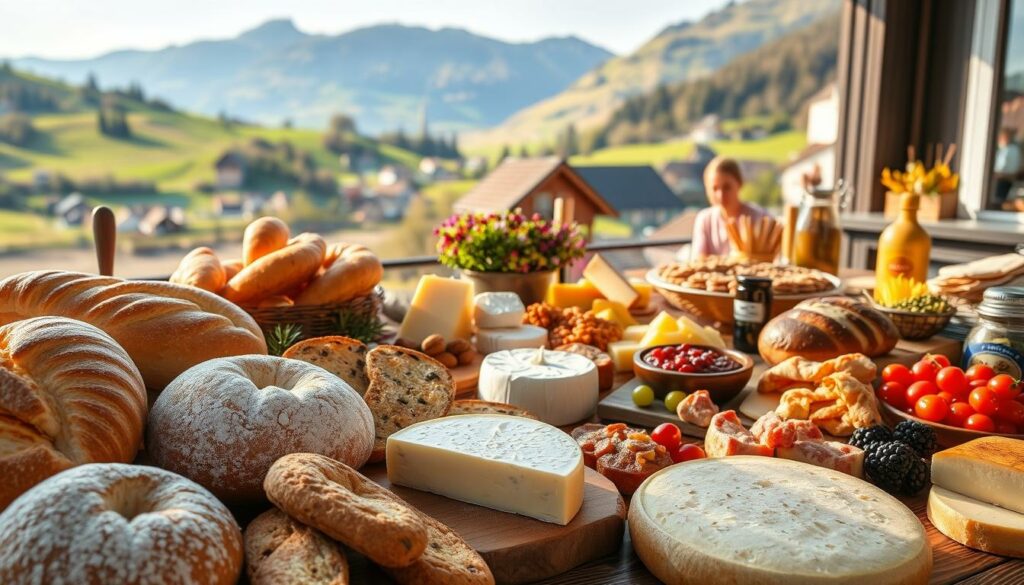 A vibrant display of traditional Austrian regional specialties, showcasing the diverse culinary heritage of the country. In the foreground, an assortment of freshly baked breads, pastries, and savory delicacies, each with its unique regional twist. The middle ground features a selection of local cheeses, cured meats, and preserved produce, artfully arranged on a wooden table. In the background, a glimpse of rolling hills, alpine meadows, and charming villages, evoking the picturesque landscapes that inspire these delectable regional flavors. The scene is bathed in warm, golden lighting, capturing the cozy and inviting atmosphere of an authentic Austrian food experience. Crisp, high-resolution details bring the textures and colors of these traditional specialties to life. A vibrant display of traditional Austrian regional specialties, showcasing the diverse culinary heritage of the country. In the foreground, an assortment of freshly baked breads, pastries, and savory delicacies, each with its unique regional twist. The middle ground features a selection of local cheeses, cured meats, and preserved produce, artfully arranged on a wooden table. In the background, a glimpse of rolling hills, alpine meadows, and charming villages, evoking the picturesque landscapes that inspire these delectable regional flavors. The scene is bathed in warm, golden lighting, capturing the cozy and inviting atmosphere of an authentic Austrian food experience. Crisp, high-resolution details bring the textures and colors of these traditional specialties to life.