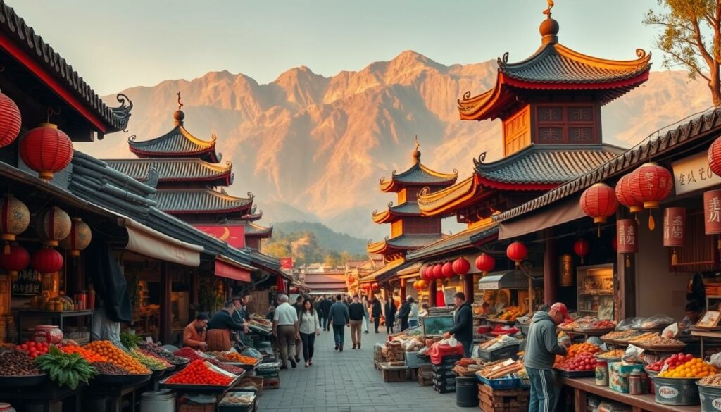 A vibrant, high-quality panoramic scene showcasing the diverse culinary regions of China. In the foreground, a lively outdoor market bustles with vendors selling an array of fresh produce, spices, and sizzling street foods. In the middle ground, traditional Chinese architecture frames the scene, with pagodas, lanterns, and intricate carved details. The background unveils a majestic mountain landscape, bathed in a warm, golden light that creates a sense of tranquility and timelessness. The image conveys the rich tapestry of China's regional cuisines, capturing the essence of a captivating culinary journey through the country.