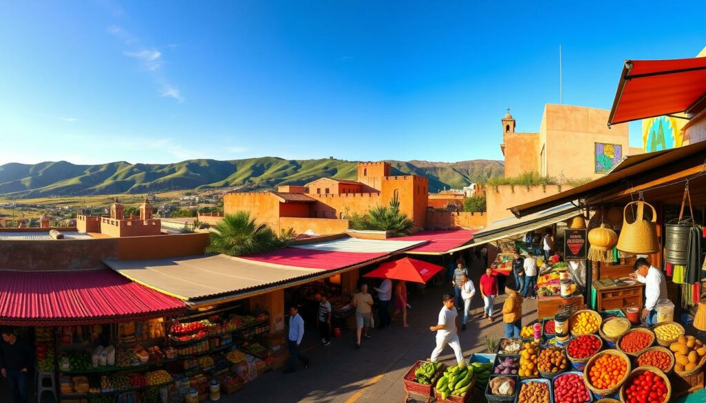 A vibrant panoramic scene of Mexico's culinary hot spots, captured with a wide-angle lens. In the foreground, a bustling street market overflows with an array of colorful produce, spices, and sizzling street food stalls. Mid-ground features iconic adobe buildings, their walls adorned with murals and vibrant textiles. The background showcases lush, rolling hills and a clear, azure sky, evoking the country's breathtaking natural landscapes. Warm, golden lighting casts a glow over the entire scene, creating an inviting, atmospheric ambiance that celebrates Mexico's rich gastronomic heritage. A vibrant panoramic scene of Mexico's culinary hot spots, captured with a wide-angle lens. In the foreground, a bustling street market overflows with an array of colorful produce, spices, and sizzling street food stalls. Mid-ground features iconic adobe buildings, their walls adorned with murals and vibrant textiles. The background showcases lush, rolling hills and a clear, azure sky, evoking the country's breathtaking natural landscapes. Warm, golden lighting casts a glow over the entire scene, creating an inviting, atmospheric ambiance that celebrates Mexico's rich gastronomic heritage.