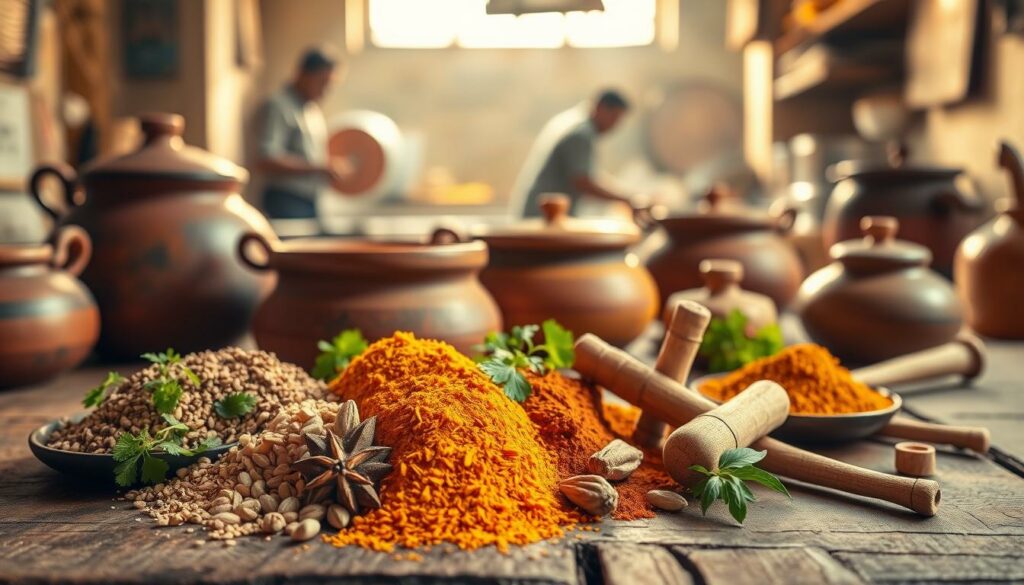 A vibrant still life capturing the essence of Rajasthani cuisine. In the foreground, an array of spices - cumin, coriander, cardamom, and turmeric - arranged artfully on a rustic wooden table. Behind them, a collection of earthenware pots and pans, their weathered surfaces reflecting the warm, golden light filtering in through a window. In the background, a glimpse of a bustling kitchen, with the silhouettes of chefs expertly blending flavors. The scene exudes an air of authenticity and tradition, inviting the viewer to experience the rich, aromatic world of Rajasthani cooking.