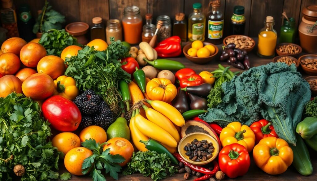 A vibrant still life showcasing the heart of Brazilian cuisine. In the foreground, an array of fresh tropical fruits - juicy mangoes, succulent papayas, and glossy acai berries. Interspersed are bundles of lush greens - leafy cilantro, robust kale, and fragrant herbs. The midground features an assortment of staple ingredients - fragrant chili peppers, earthy cassava roots, and colorful bell peppers. In the background, a rustic wooden table is dotted with jars of spices, glass bottles of vibrant palm oil, and clay dishes of roasted nuts. Warm, soft lighting illuminates the scene, capturing the warmth and richness of Brazilian culinary traditions.