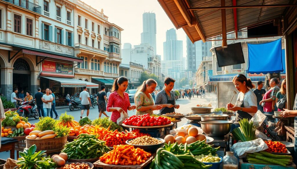 A vibrant street scene in Vietnam, capturing the essence of its rich culinary culture. In the foreground, a bustling open-air market teems with vendors selling an array of exotic fruits, vegetables, and spices. The middle ground features a group of locals engaged in lively conversation while preparing traditional Vietnamese dishes, their faces aglow with the warm afternoon sunlight. In the background, a blend of French colonial architecture and modern high-rises creates a visually stunning backdrop, hinting at Vietnam's diverse cultural influences. The overall atmosphere is one of warmth, energy, and a deep appreciation for the pleasures of the palate.