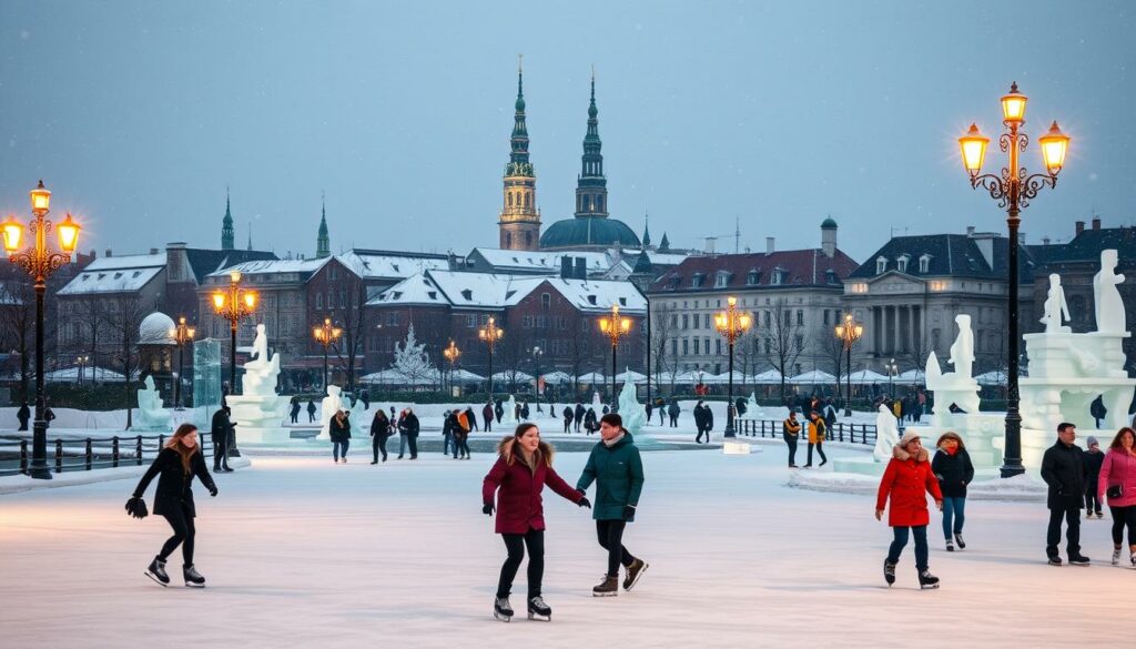 A winter wonderland in the heart of Copenhagen. Snowflakes gently drift through the air, illuminated by the warm glow of street lamps. In the foreground, a group of friends ice skating on a frozen lake, their laughter and playful movements capturing the joyous spirit of the season. In the middle ground, families bundled in colorful coats stroll along snow-covered pathways, stopping to admire the intricate ice sculptures dotting the landscape. In the background, the iconic spires and rooftops of Copenhagen's historic buildings stand tall, creating a picturesque setting for this enchanting winter scene. Soft, diffused lighting casts a magical, dream-like atmosphere over the entire tableau.