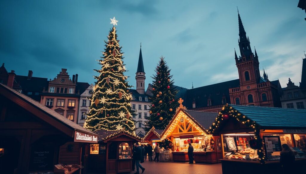Christkindlmarkt Neupfarrplatz, Regensburg, illuminated by a warm, festive glow. Twinkling lights adorn the stalls, casting a cozy ambiance over the historic square. In the foreground, wooden huts offer an array of traditional German crafts and delectable holiday treats. The middle ground features a towering Christmas tree, its branches laden with shimmering ornaments. In the background, the stunning architecture of Regensburg's old town provides a majestic backdrop, its spires and facades softly lit by the evening sky. An enchanting, quintessential scene of the beloved Regensburg Christmas market. Christkindlmarkt Neupfarrplatz, Regensburg, illuminated by a warm, festive glow. Twinkling lights adorn the stalls, casting a cozy ambiance over the historic square. In the foreground, wooden huts offer an array of traditional German crafts and delectable holiday treats. The middle ground features a towering Christmas tree, its branches laden with shimmering ornaments. In the background, the stunning architecture of Regensburg's old town provides a majestic backdrop, its spires and facades softly lit by the evening sky. An enchanting, quintessential scene of the beloved Regensburg Christmas market.