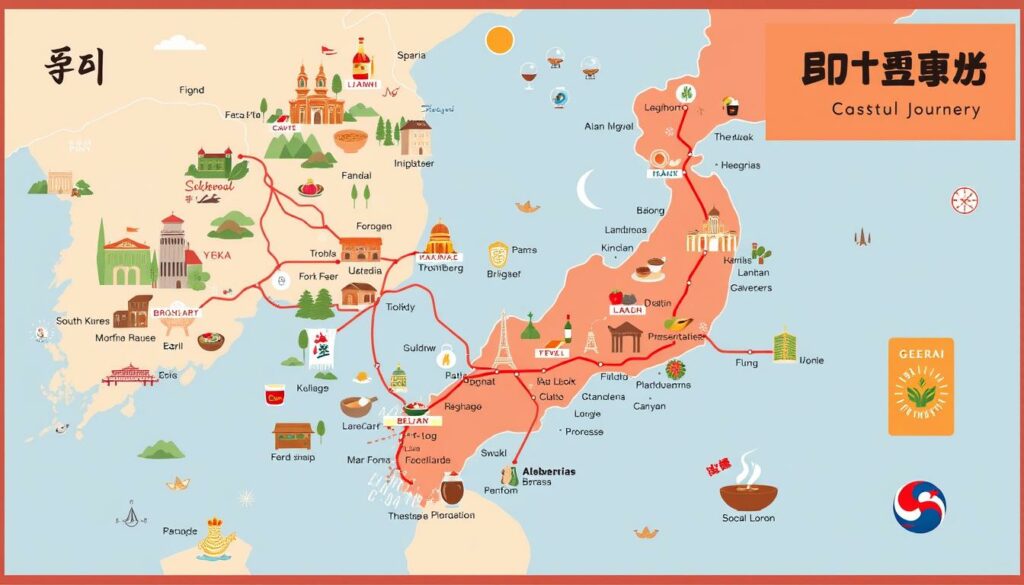 Detailed map of South Korean travel routes, showcasing diverse culinary experiences. Vibrant colors, clean lines, and minimalist design elements create an inviting and informative visual. Seamless integration of key landmarks, regional specialties, and transportation options allow the viewer to plan an immersive gastronomic journey. Warm, earthy tones evoke the rich cultural heritage, while dynamic compositions guide the eye through the comprehensive itinerary. Crisp, high-resolution rendering with a balance of realistic and illustrative styles, optimized for clear presentation in a print or digital publication.