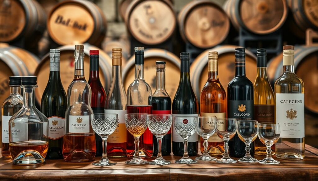 Detailed still life of an assortment of premium Czech wines and spirits on a rustic wooden table. In the foreground, an array of glass bottles and decanters in various shapes and colors, illuminated by soft, warm lighting from above. In the middle ground, a selection of traditional Czech crystal glassware and tasting cups. The background features a backdrop of oak barrels, hinting at the production process. The overall scene conveys a sense of tradition, craftsmanship, and the rich culture of Czech beverages beyond just beer. Detailed still life of an assortment of premium Czech wines and spirits on a rustic wooden table. In the foreground, an array of glass bottles and decanters in various shapes and colors, illuminated by soft, warm lighting from above. In the middle ground, a selection of traditional Czech crystal glassware and tasting cups. The background features a backdrop of oak barrels, hinting at the production process. The overall scene conveys a sense of tradition, craftsmanship, and the rich culture of Czech beverages beyond just beer.