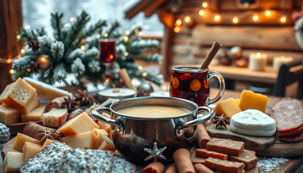 Detailed still life of an assortment of traditional Swiss culinary delights set against a warm, cozy winter scene. In the foreground, a steaming pot of fondue surrounded by fresh crusty bread, cubed Swiss cheeses, and crisp charcuterie. In the middle ground, a large mug of fragrant mulled wine with cinnamon sticks, orange slices, and star anise. In the background, a rustic wooden table with twinkling string lights, snow-dusted pine branches, and the faint silhouette of a classic Swiss chalet. Warm, soft lighting illuminates the scene, creating an inviting and festive atmosphere. Detailed still life of an assortment of traditional Swiss culinary delights set against a warm, cozy winter scene. In the foreground, a steaming pot of fondue surrounded by fresh crusty bread, cubed Swiss cheeses, and crisp charcuterie. In the middle ground, a large mug of fragrant mulled wine with cinnamon sticks, orange slices, and star anise. In the background, a rustic wooden table with twinkling string lights, snow-dusted pine branches, and the faint silhouette of a classic Swiss chalet. Warm, soft lighting illuminates the scene, creating an inviting and festive atmosphere.