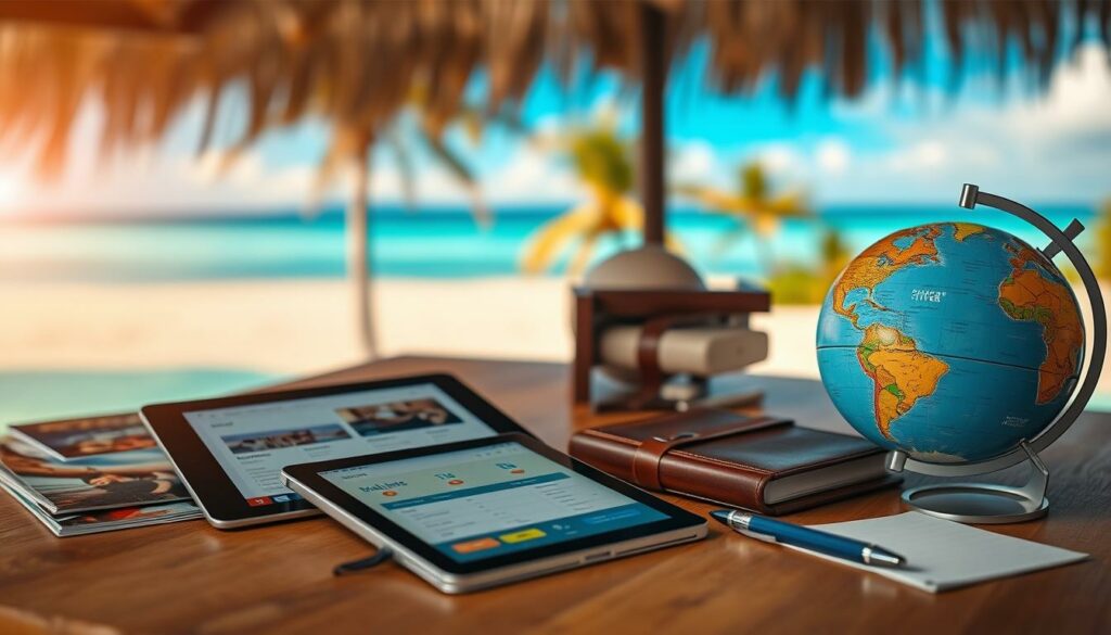 Detailed still life scene of travel offers and booking tips. Warm, inviting lighting illuminates a wooden table with various travel-related items arranged neatly - colorful brochures, a tablet displaying flight and hotel options, a leather-bound planner, a globe, and a pen. The background features a blurred tropical beach scene with palm trees and a vibrant blue sky, conveying a sense of vacation and exploration. The overall mood is professional yet aspirational, encouraging the viewer to plan their next getaway.