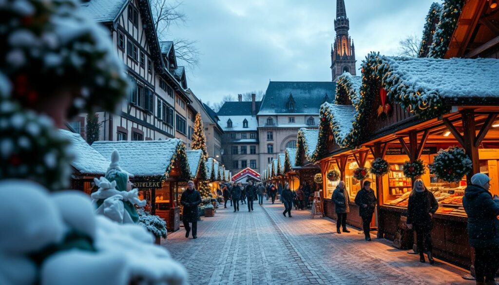 Frosty winter wonderland on a bustling Christmas market in Heidelberg. Snow-dusted wooden stalls and twinkling lights create a cozy, enchanting atmosphere. Steaming mugs of mulled wine, the scent of roasted chestnuts, and the joyful chatter of visitors fill the air. In the background, historic buildings and a towering cathedral loom, their facades aglow against the twilight sky. A wide-angle lens captures the festive energy, with a shallow depth of field that blurs the details and focuses the viewer's gaze on the charming market scene. The overall mood is one of warmth, magic, and the unmistakable spirit of the holiday season. Frosty winter wonderland on a bustling Christmas market in Heidelberg. Snow-dusted wooden stalls and twinkling lights create a cozy, enchanting atmosphere. Steaming mugs of mulled wine, the scent of roasted chestnuts, and the joyful chatter of visitors fill the air. In the background, historic buildings and a towering cathedral loom, their facades aglow against the twilight sky. A wide-angle lens captures the festive energy, with a shallow depth of field that blurs the details and focuses the viewer's gaze on the charming market scene. The overall mood is one of warmth, magic, and the unmistakable spirit of the holiday season.