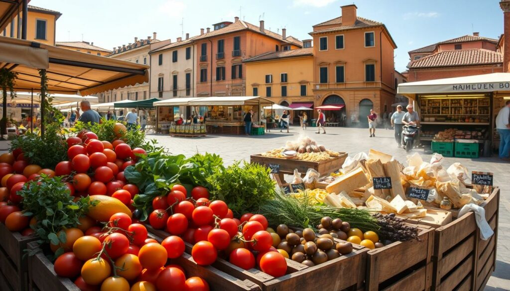 Imagine a sun-drenched Italian piazza, where a vibrant food market is in full swing. In the foreground, an array of colorful produce spills out from wooden crates - plump tomatoes, fragrant herbs, and glistening olives. In the middle ground, stalls offer handcrafted pastas, artisanal cheeses, and sizzling meats, the scents wafting through the air. In the background, historic buildings provide a picturesque backdrop, their warm ochre tones complementing the lively scene. Soft, diffused lighting casts a golden glow over the entire tableau, evoking a sense of timeless Italian charm and the promise of a culinary adventure. The overall mood is one of celebration, inviting the viewer to immerse themselves in the vibrant flavors and rich traditions of this renowned gastronomic destination. Imagine a sun-drenched Italian piazza, where a vibrant food market is in full swing. In the foreground, an array of colorful produce spills out from wooden crates - plump tomatoes, fragrant herbs, and glistening olives. In the middle ground, stalls offer handcrafted pastas, artisanal cheeses, and sizzling meats, the scents wafting through the air. In the background, historic buildings provide a picturesque backdrop, their warm ochre tones complementing the lively scene. Soft, diffused lighting casts a golden glow over the entire tableau, evoking a sense of timeless Italian charm and the promise of a culinary adventure. The overall mood is one of celebration, inviting the viewer to immerse themselves in the vibrant flavors and rich traditions of this renowned gastronomic destination.