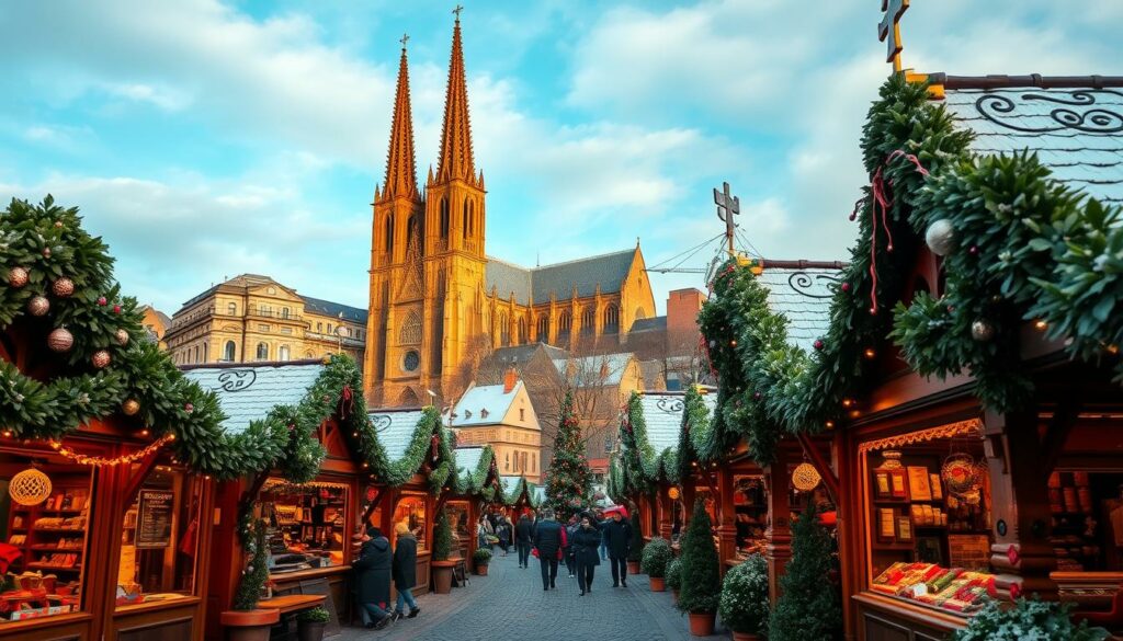 Intricate Christmas market in Aachen, Germany, captured in a vibrant, festive scene. In the foreground, a variety of charming wooden stalls and vendor booths, adorned with twinkling lights and lush evergreen garlands. The middle ground showcases the iconic Aachen Cathedral, its gothic spires rising majestically against a crisp, winter sky. In the background, a picturesque cityscape, with historic buildings and cobblestone streets blanketed in a light dusting of snow. The scene is bathed in a warm, golden glow, creating a cozy and inviting atmosphere. The overall composition conveys the practical information visitors would need to plan their visit to this enchanting Christmas market.