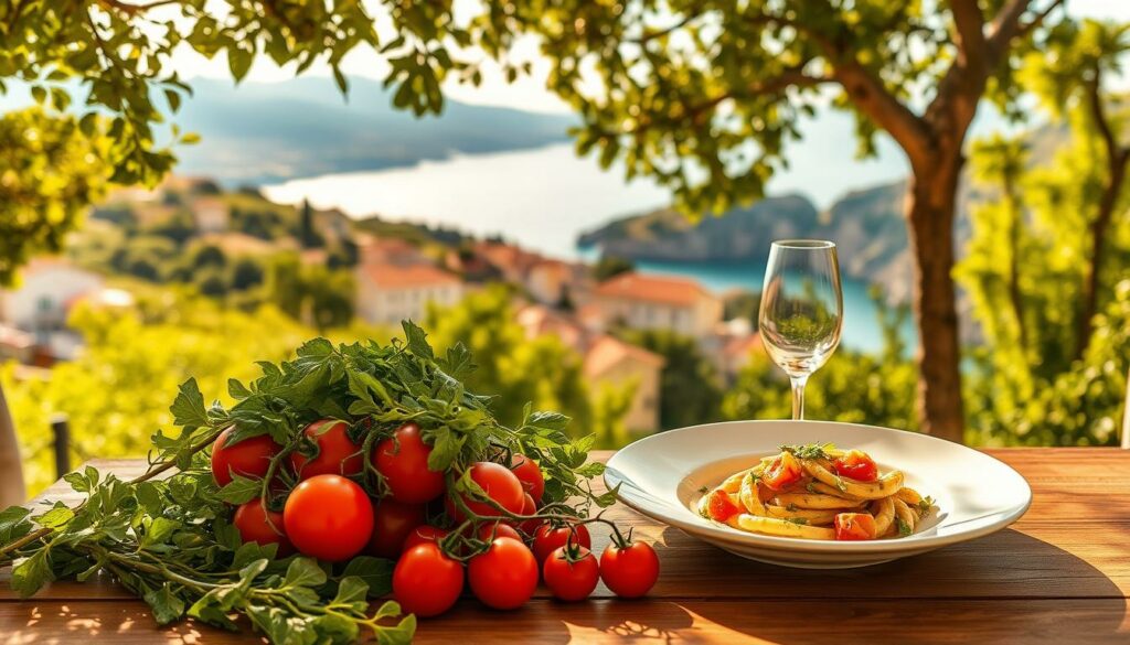 Kulinarische Geheimtipps Kroatiens: a lush, sun-drenched landscape of rolling hills, quaint villages, and hidden culinary gems. In the foreground, a table laden with fresh local produce - sun-ripened tomatoes, crisp greens, and vibrant herbs. In the middle ground, a simple yet elegant dish, its flavors an intricate dance of Mediterranean spices and coastal influences. The background reveals a panoramic vista of azure waters and rugged cliffs, hinting at the diverse terroirs that shape Croatia's remarkable cuisine. Warm, golden lighting casts a romantic glow, inviting the viewer to savor the understated elegance and authentic flavors of this gastronomic adventure off the beaten path.