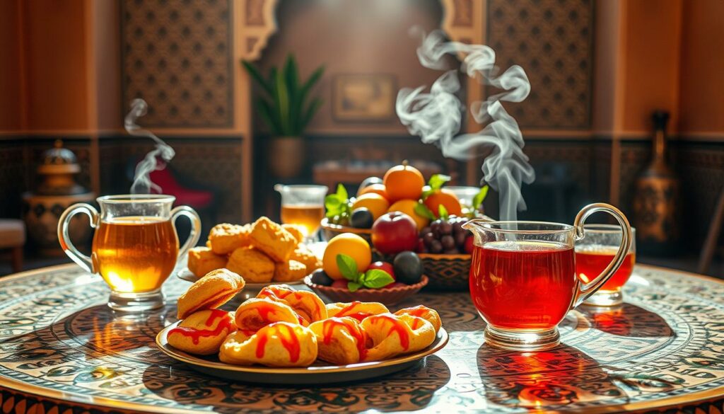 Majestic Moroccan dessert scene, captured in warm, golden light. An ornate table adorned with intricate mosaic tiles, showcasing an array of tantalizing treats. In the foreground, a platter of colorful, syrup-drizzled pastries, their flaky textures and vibrant hues enticing the senses. Alongside, a pitcher of fragrant mint tea, its steam rising in delicate wisps. In the middle ground, a selection of jewel-toned fruits, their lush forms contrasting with the delicate glassware. In the background, the rich, textured walls of a traditional Moroccan interior, lending an air of timeless elegance. The scene evokes the perfect conclusion to a sumptuous Moroccan meal, a sweet and refreshing respite. Majestic Moroccan dessert scene, captured in warm, golden light. An ornate table adorned with intricate mosaic tiles, showcasing an array of tantalizing treats. In the foreground, a platter of colorful, syrup-drizzled pastries, their flaky textures and vibrant hues enticing the senses. Alongside, a pitcher of fragrant mint tea, its steam rising in delicate wisps. In the middle ground, a selection of jewel-toned fruits, their lush forms contrasting with the delicate glassware. In the background, the rich, textured walls of a traditional Moroccan interior, lending an air of timeless elegance. The scene evokes the perfect conclusion to a sumptuous Moroccan meal, a sweet and refreshing respite.