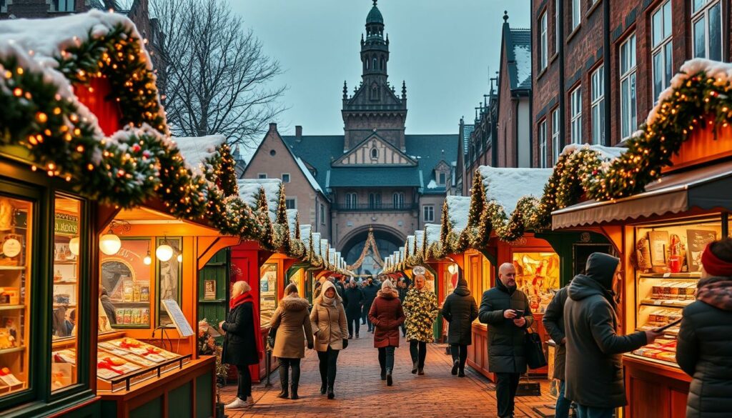 Praktische Informationen Weihnachtsmarkt A warm and festive winter scene showcasing the practical information for visiting the Lübeck Christmas Market. In the foreground, vendors' stalls line the cobblestone streets, their colorful wooden facades adorned with twinkling lights and garlands. The middle ground features people bundled in coats and scarves, browsing the selection of holiday treats, crafts, and mulled wine. In the background, the historic architecture of Lübeck's old town frames the scene, with the iconic Holstentor gate tower visible in the distance. The lighting is soft and golden, creating a cozy and inviting atmosphere. The overall composition evokes the spirit of the Christmas market, providing helpful details for visitors to plan their experience.