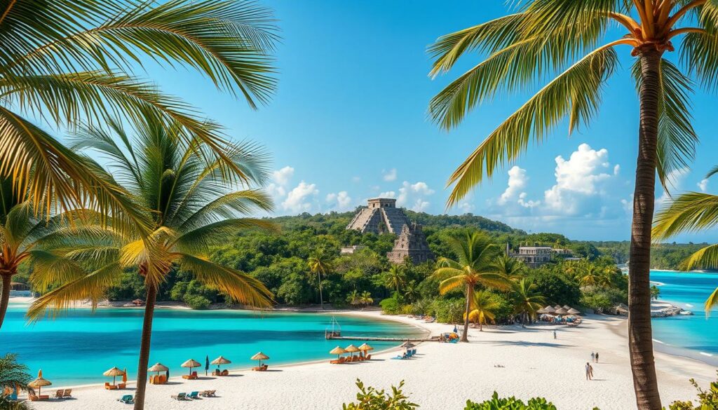 Riviera Maya Traumregion: a sun-drenched paradise on Mexico's Caribbean coast. Swaying palm trees frame crystal-clear turquoise waters, inviting visitors to bask in the warmth of the tropics. In the foreground, a pristine white-sand beach stretches out, dotted with colorful beach umbrellas and loungers. The middle ground reveals lush, verdant jungle landscapes, hinting at the natural wonders that await. In the background, ancient Mayan ruins rise up, a testament to the region's rich cultural heritage. The scene is bathed in the soft, golden glow of the afternoon sun, creating a serene and picturesque atmosphere. Capture the essence of this idyllic "dream region" through vibrant, detailed, and photorealistic imagery. Riviera Maya Traumregion: a sun-drenched paradise on Mexico's Caribbean coast. Swaying palm trees frame crystal-clear turquoise waters, inviting visitors to bask in the warmth of the tropics. In the foreground, a pristine white-sand beach stretches out, dotted with colorful beach umbrellas and loungers. The middle ground reveals lush, verdant jungle landscapes, hinting at the natural wonders that await. In the background, ancient Mayan ruins rise up, a testament to the region's rich cultural heritage. The scene is bathed in the soft, golden glow of the afternoon sun, creating a serene and picturesque atmosphere. Capture the essence of this idyllic "dream region" through vibrant, detailed, and photorealistic imagery.