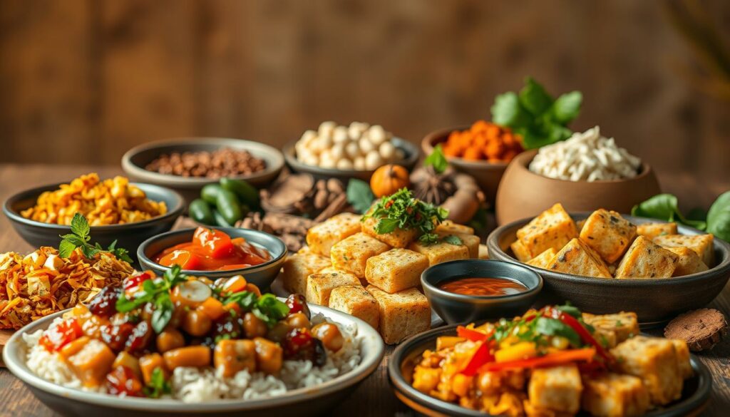 Tempeh und Tofu Gerichte: a vibrant culinary still life showcasing the vegetarian delights of Indonesian cuisine. In the foreground, a selection of freshly prepared tempeh and tofu dishes, their textures and flavors expertly balanced. Sauces and garnishes add pops of color and depth. The middle ground features an artful arrangement of spices, herbs, and local ingredients, hinting at the rich cultural traditions behind these plant-based specialties. Bathed in warm, diffused light, the scene evokes a sense of comfort and homemade craftsmanship. The background fades into a softly blurred, earthy tone, allowing the vibrant flavors and textures of the main subjects to take center stage.