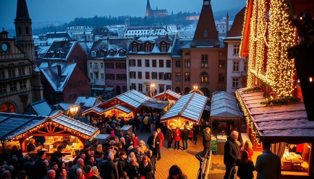 Vibrant Christmas market scene, bustling with festive activity. In the foreground, a lively stage set with performers captivating a crowd of young and old, their expressions alight with joy. Surrounding the stage, clusters of wooden market stalls adorned with twinkling lights, offering an array of traditional handicrafts, mulled wine, and tasty treats. In the middle ground, families strolling through the charming cobblestone paths, stopping to browse the wares or admire the live music and dance performances. The background showcased the iconic architecture of Zurich, with its historic buildings and snow-dusted rooftops, creating a picturesque and enchanting winter wonderland. Warm, golden lighting bathes the scene, casting a cozy and festive atmosphere. Vibrant Christmas market scene, bustling with festive activity. In the foreground, a lively stage set with performers captivating a crowd of young and old, their expressions alight with joy. Surrounding the stage, clusters of wooden market stalls adorned with twinkling lights, offering an array of traditional handicrafts, mulled wine, and tasty treats. In the middle ground, families strolling through the charming cobblestone paths, stopping to browse the wares or admire the live music and dance performances. The background showcased the iconic architecture of Zurich, with its historic buildings and snow-dusted rooftops, creating a picturesque and enchanting winter wonderland. Warm, golden lighting bathes the scene, casting a cozy and festive atmosphere.