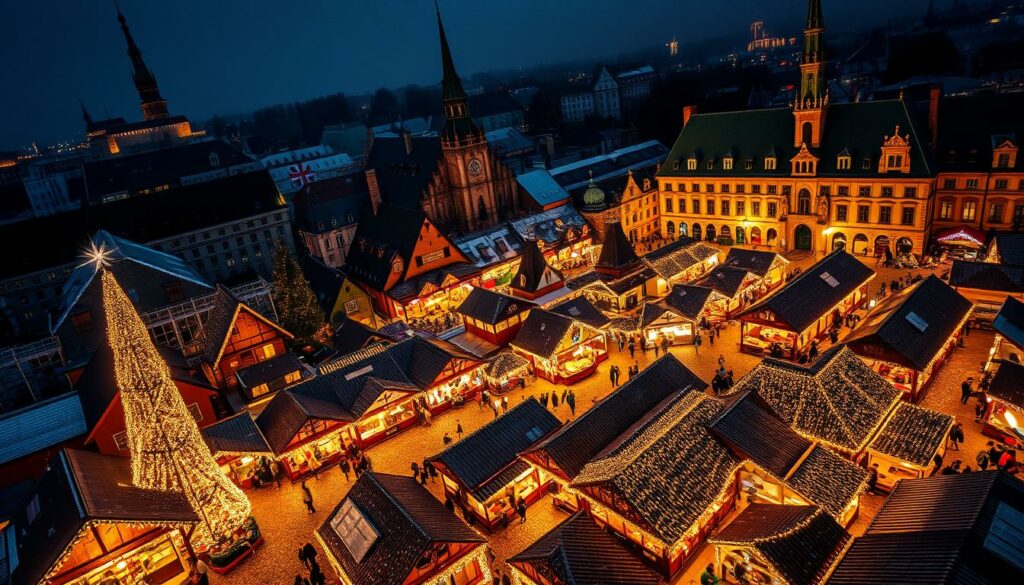 Weihnachtsmarkt Standorte Übersicht: A detailed, overhead view of a traditional German Christmas market, showcasing the various stalls, booths, and structures that make up the festive landscape. The scene is bathed in a warm, golden glow, illuminated by the twinkling lights and lanterns that adorn the market. In the foreground, a network of cobblestone paths wind through the bustling crowds, leading to an array of vendors selling handcrafted goods, mulled wine, and seasonal delicacies. In the middle ground, the distinctive architecture of the market's wooden huts and pavilions is visible, their peaked roofs and gabled facades evoking the quaint charm of a traditional Weihnachtsmarkt. In the background, the spires and facades of historic buildings rise up, framing the scene and creating a picturesque, winter wonderland atmosphere.