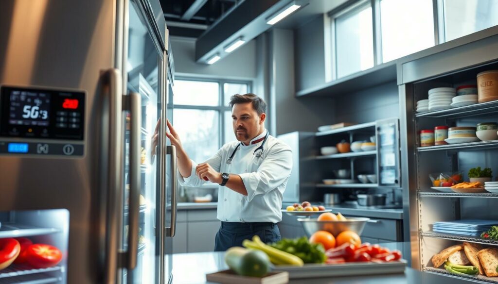 A modern professional kitchen showcasing a sophisticated refrigeration system designed for temperature control in culinary environments. In the foreground, focus on sleek, stainless steel refrigeration units with digital temperature displays and well-organized food storage shelves, filled with fresh ingredients. In the middle, a chef in professional business attire adjusts the settings on the refrigeration unit, with a look of concentration, surrounded by bright, efficient LED lighting that highlights the clean, organized workspace. In the background, large windows allow natural light to illuminate the kitchen's high-tech appliances and preparation areas, creating a warm and inviting atmosphere, emphasizing the importance of energy efficiency and temperature regulation in modern gastronomy. A modern professional kitchen showcasing a sophisticated refrigeration system designed for temperature control in culinary environments. In the foreground, focus on sleek, stainless steel refrigeration units with digital temperature displays and well-organized food storage shelves, filled with fresh ingredients. In the middle, a chef in professional business attire adjusts the settings on the refrigeration unit, with a look of concentration, surrounded by bright, efficient LED lighting that highlights the clean, organized workspace. In the background, large windows allow natural light to illuminate the kitchen's high-tech appliances and preparation areas, creating a warm and inviting atmosphere, emphasizing the importance of energy efficiency and temperature regulation in modern gastronomy.