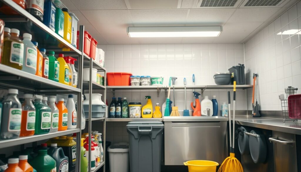 A well-organized, professional kitchen cleaning supplies storage area, featuring neatly arranged shelves stocked with diverse cleaning products and waste disposal bins. In the foreground, a selection of eco-friendly detergents with clear labels on shelves, alongside a sturdy, labeled trash container for waste segregation. In the middle, bright, fluorescent lighting casts a clean, clinical glow over the scene, emphasizing the tidiness and efficiency of the space. The background reveals a stainless steel countertop with cleaning tools like mops and brooms neatly positioned. The atmosphere is practical and orderly, reflecting a space designed for optimal hygiene. Photograph taken at eye level, with a slight depth of field effect to focus on the cleaning supplies in the foreground. A well-organized, professional kitchen cleaning supplies storage area, featuring neatly arranged shelves stocked with diverse cleaning products and waste disposal bins. In the foreground, a selection of eco-friendly detergents with clear labels on shelves, alongside a sturdy, labeled trash container for waste segregation. In the middle, bright, fluorescent lighting casts a clean, clinical glow over the scene, emphasizing the tidiness and efficiency of the space. The background reveals a stainless steel countertop with cleaning tools like mops and brooms neatly positioned. The atmosphere is practical and orderly, reflecting a space designed for optimal hygiene. Photograph taken at eye level, with a slight depth of field effect to focus on the cleaning supplies in the foreground.