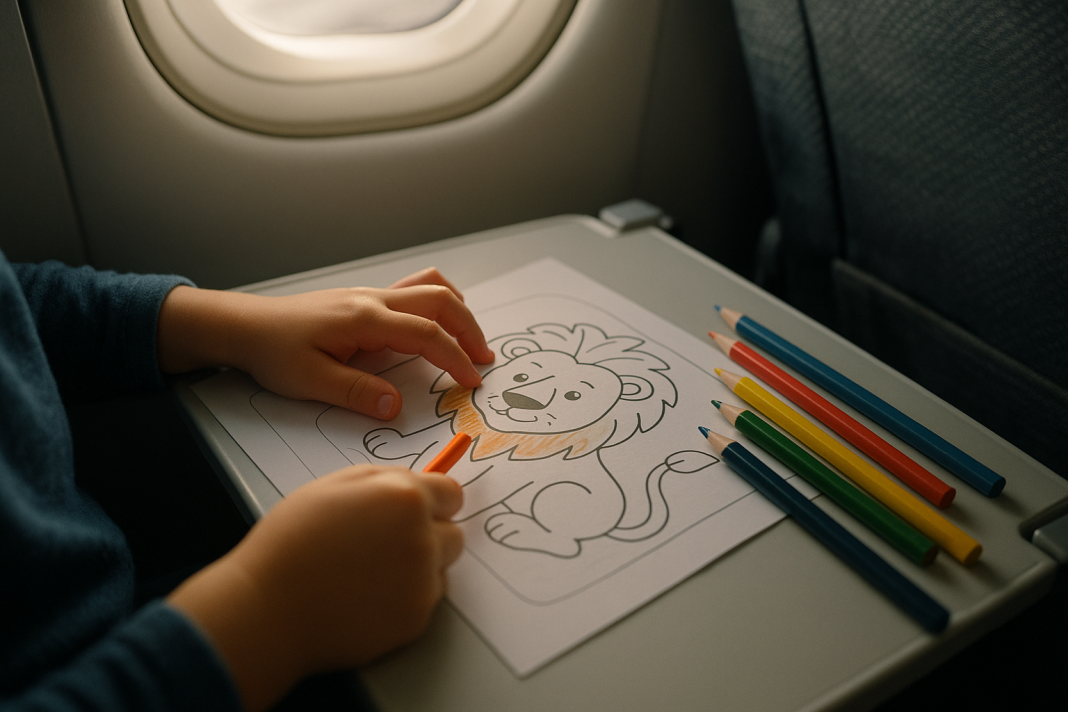 Kind malt ein ausgedrucktes Tiermotiv auf dem Klapptisch im Flugzeug aus