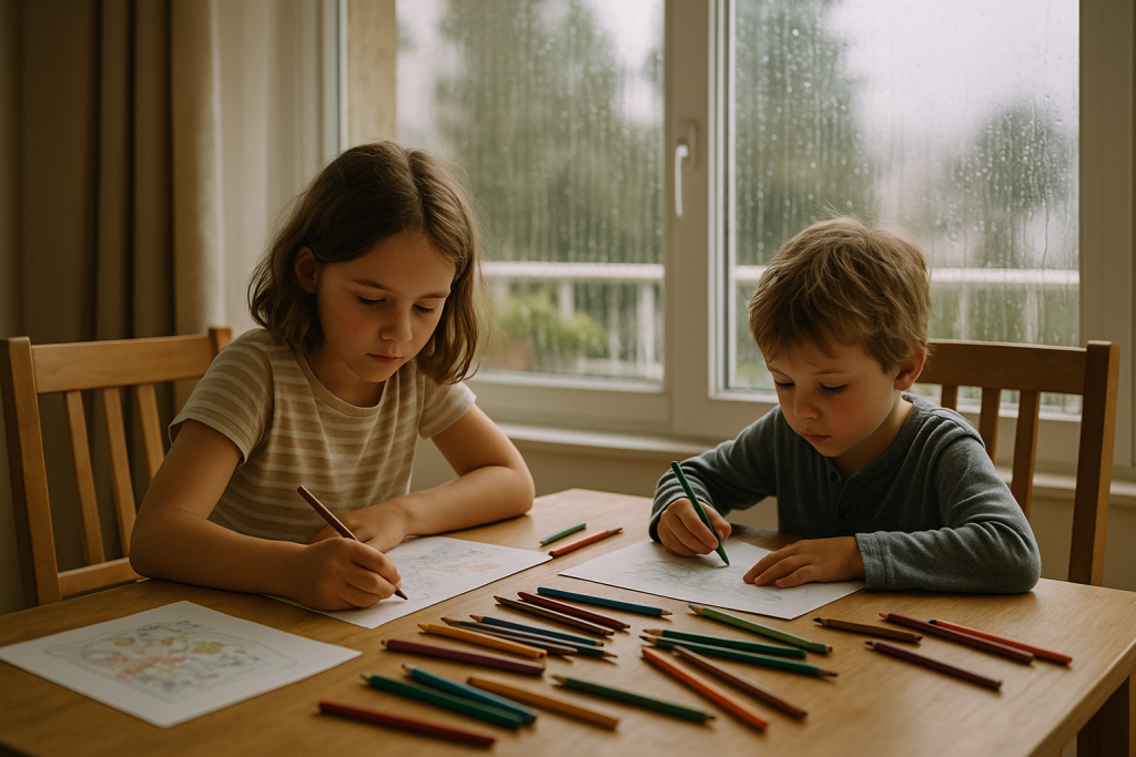 Zwei Kinder malen am Esstisch einer Ferienwohnung bei Regen