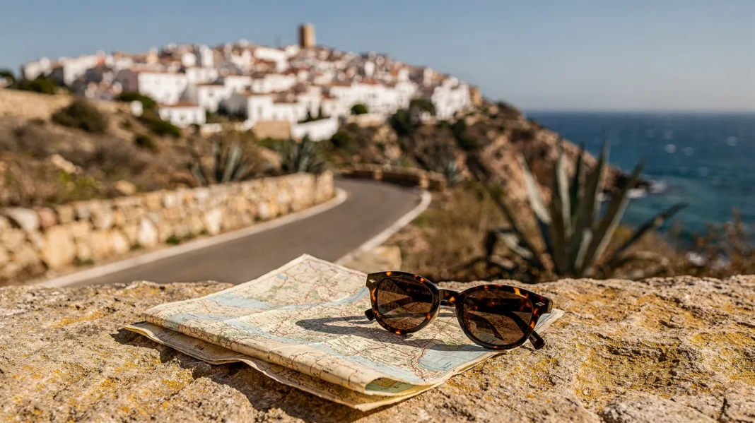 Spanische Küste mit historischer Stadt im Hintergrund und Reisezubehör für das Thema Urlaub in Spanien